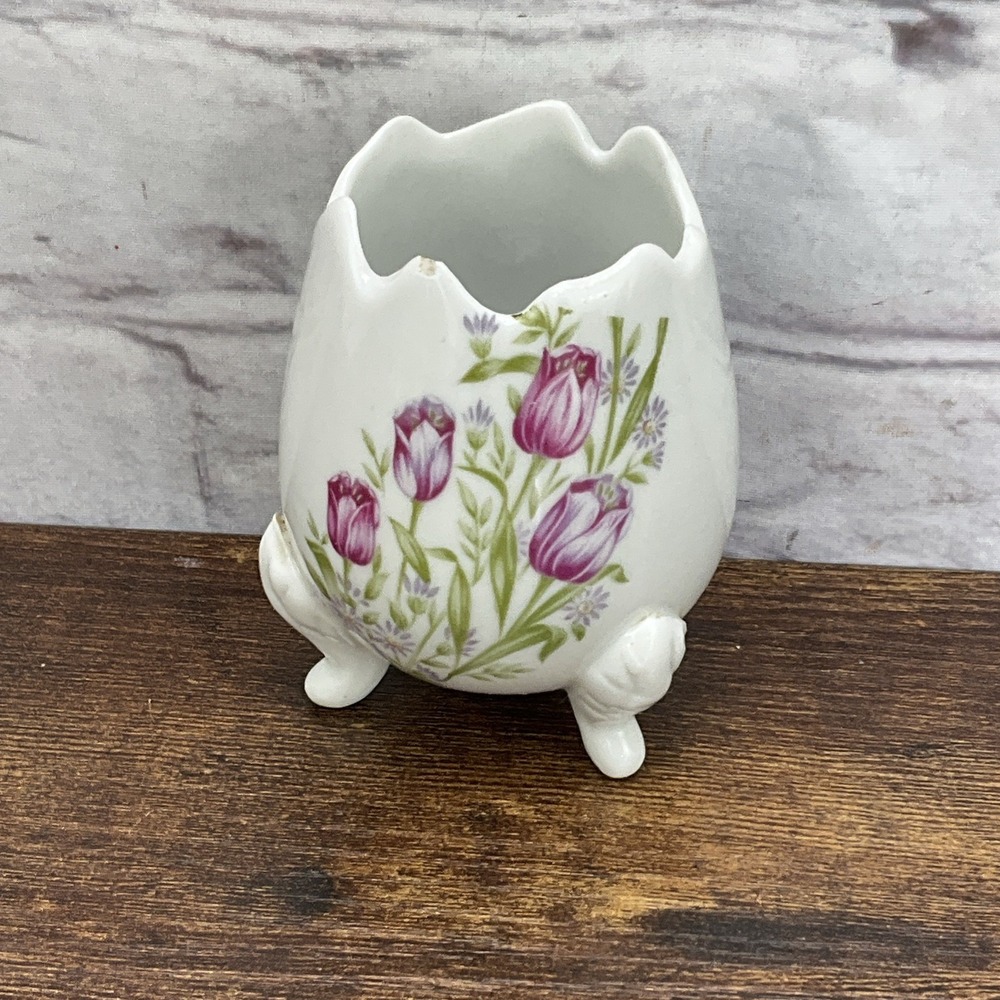 Ceramic Footed Vintage Egg Vase/Planter Hand Painted Tulips Made In Japan 5525